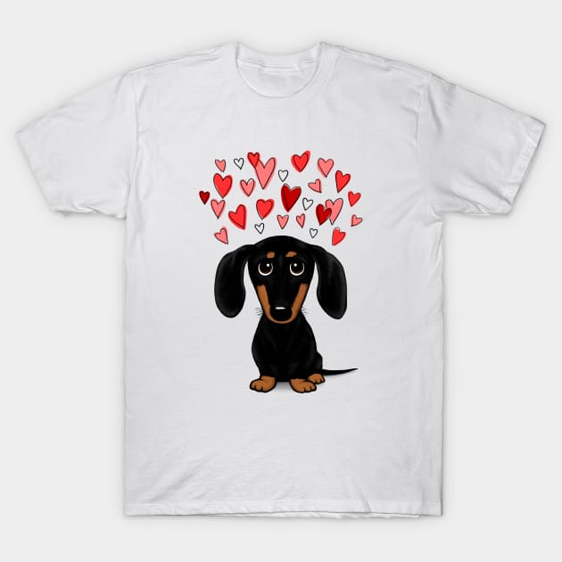 Cute Wiener Dog | Black and Tan Dachshund with Valentine Hearts T-Shirt by Coffee Squirrel